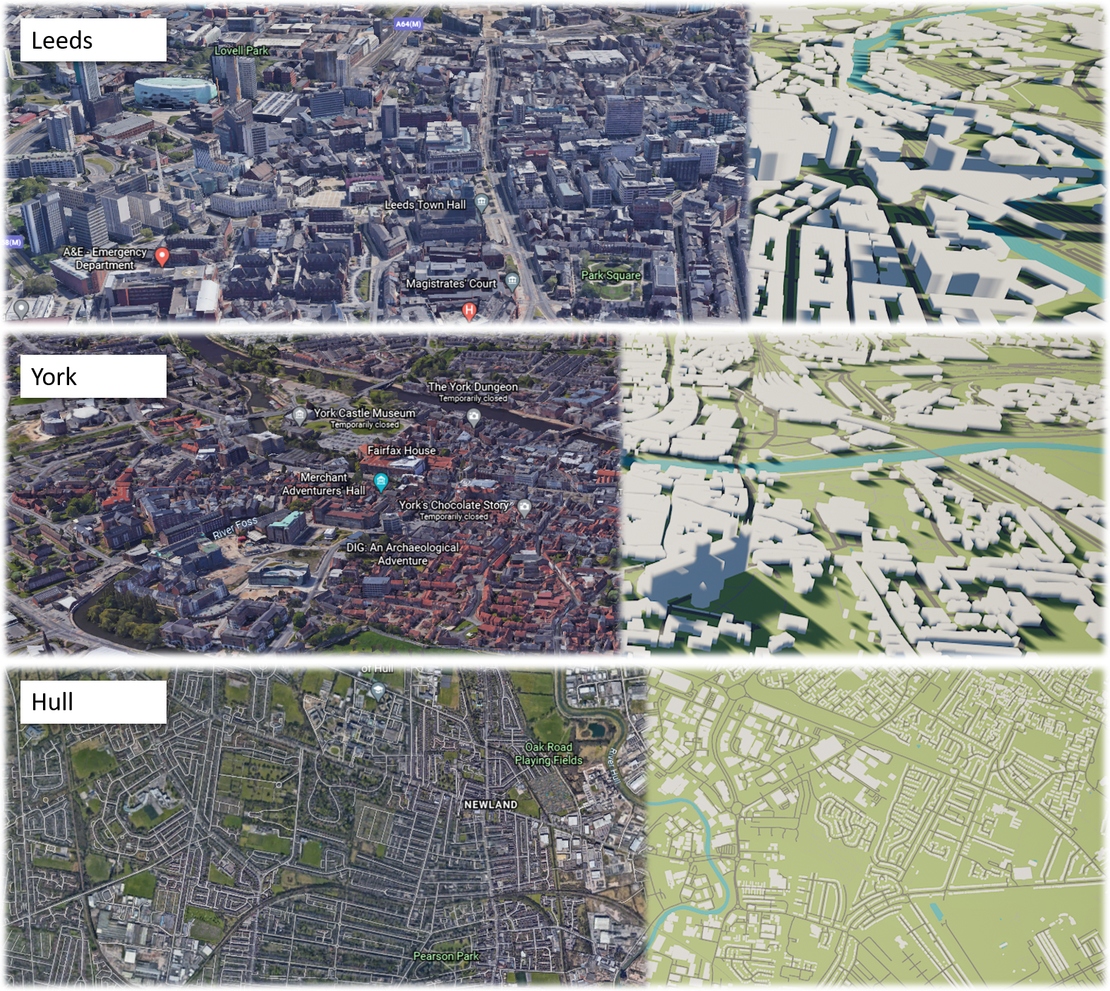 Sample 3D rendering of a digital twin of Leeds, York and Hull which will feature in the Yorkshire Geospatial Twin