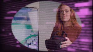 woman holding up a VR headset with code layered on top